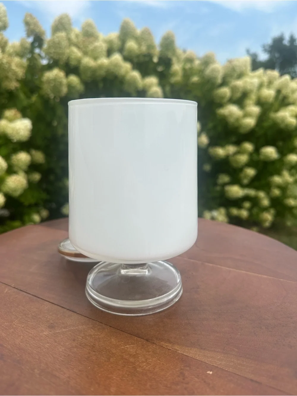 Vintage Decorative White Glass Pedestal Jar with Blue Rose Motif and Gold Trim